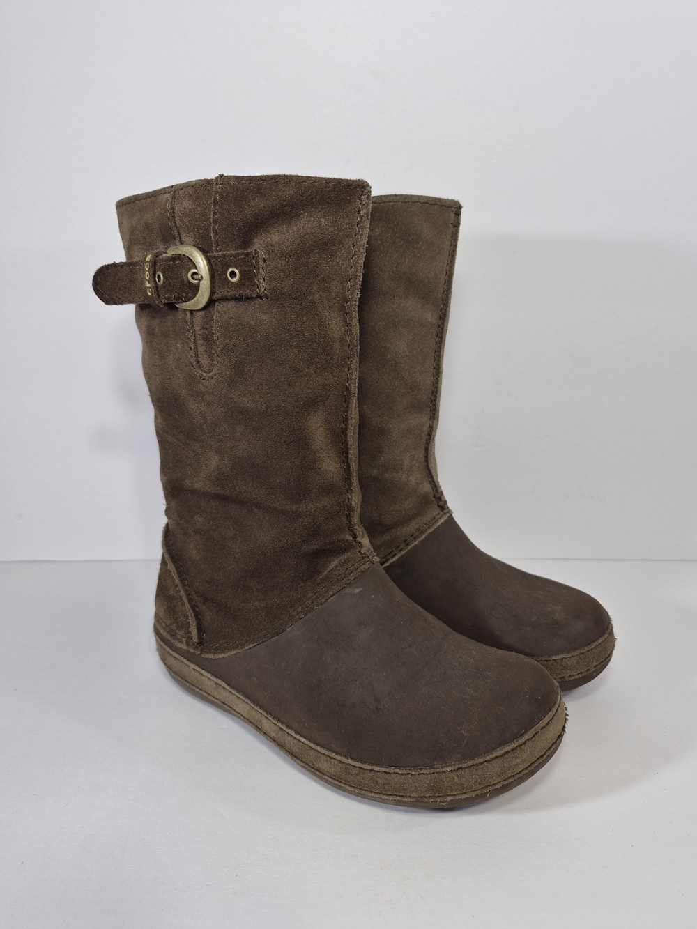 CROCS Junior Women's Brown Suede Mid-Calf Buckle Boots